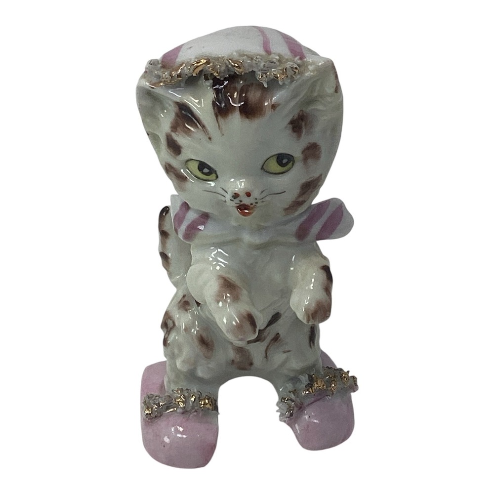 Vintage Kitty Figurine Spaghetti Trim Pink Slippers Bonnet Kitchy Cute 4.5"